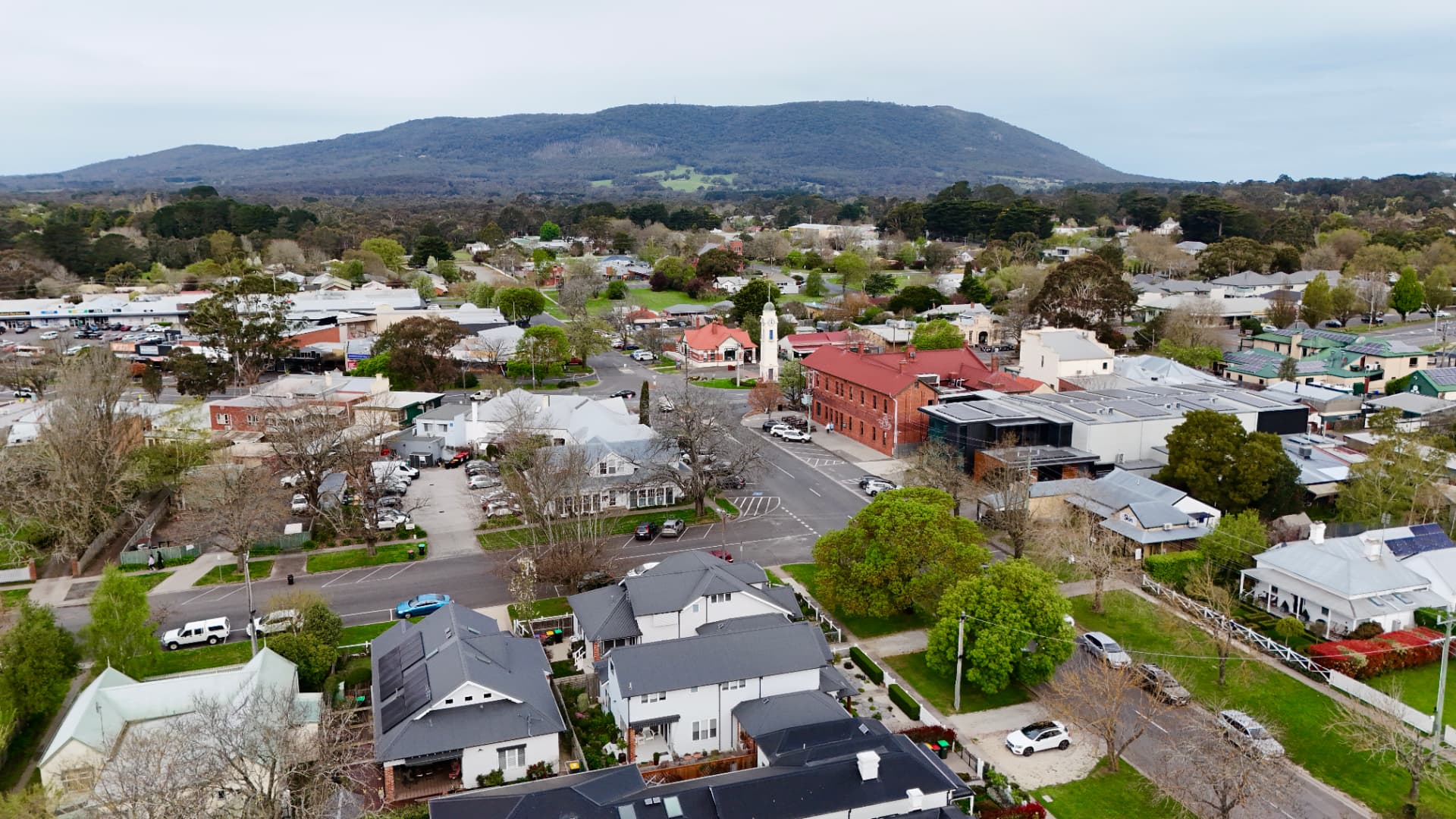 Aerial view across Woodend township towards Mount Macedon