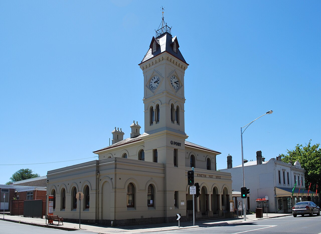 Historic Kyneton Post Office with clock tower on a clear day